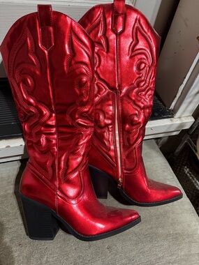 Red Metallic Western Knee-High Boots